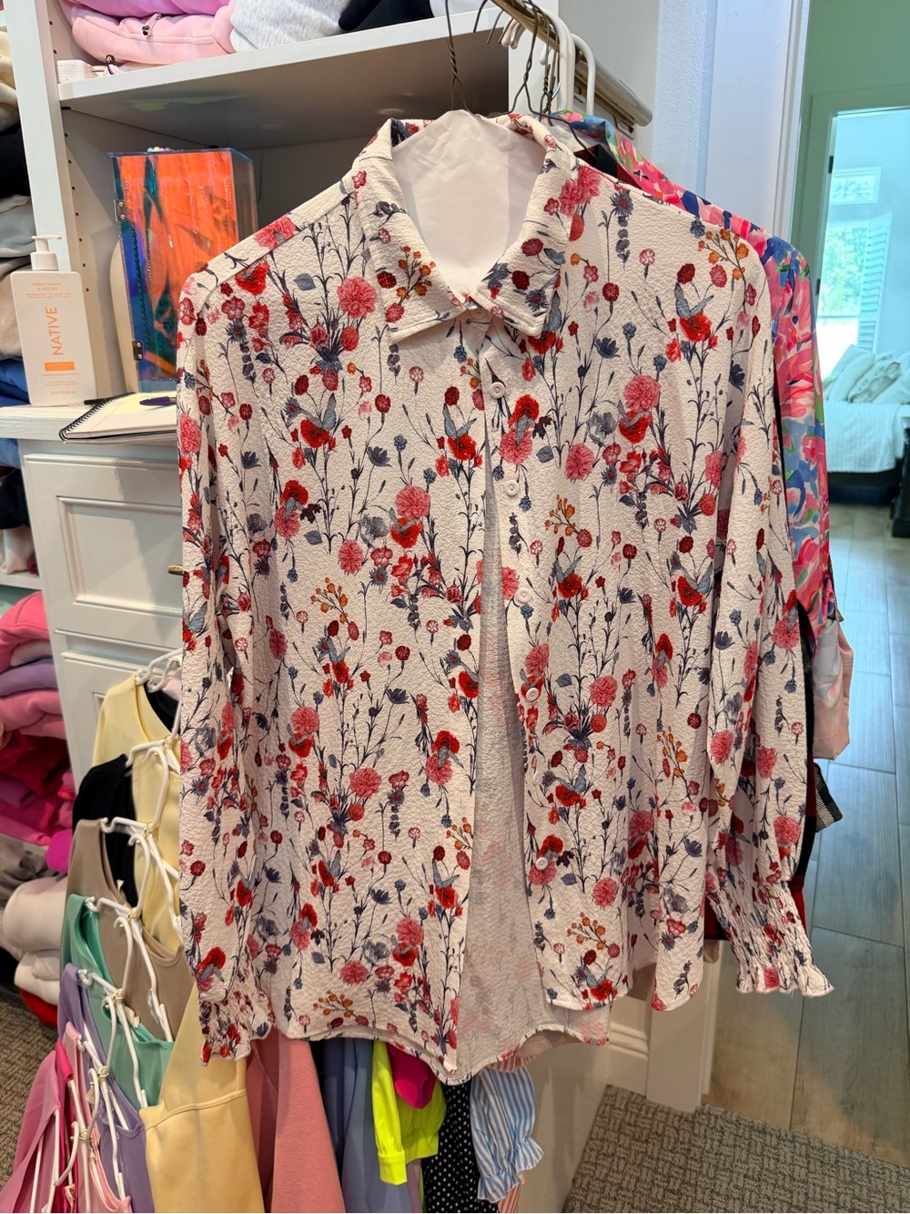 Women's Floral Button-Up Shirt - White with Red Floral Print